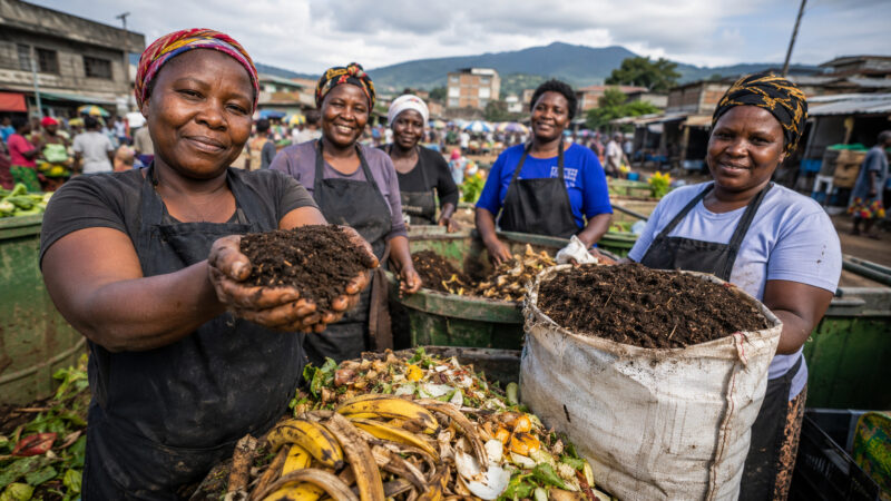 Mulheres em Bangwe transformam resíduos orgânicos em adubo, geram renda e reforçam limpeza de mercados