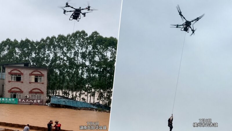 Drone de entrega da DJI iça homem do teto de caminhão durante enchente em Guangxi