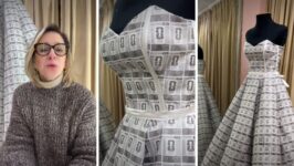 Vestido de noiva é feito com quase três mil papéis descartados das figurinhas da Copa em Porto Alegre