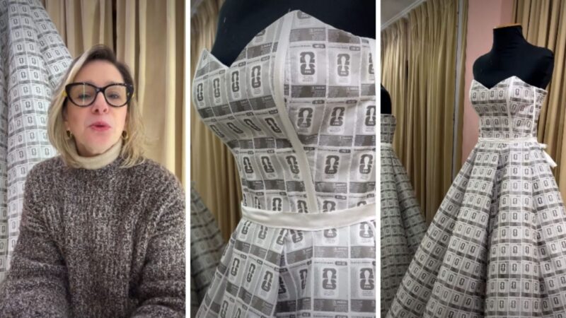 Vestido de noiva é feito com quase três mil papéis descartados das figurinhas da Copa em Porto Alegre