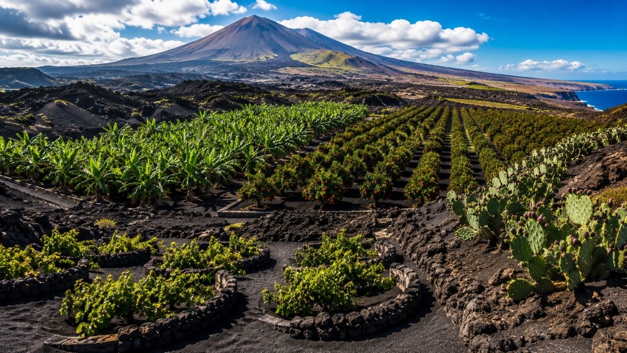 Solos vulcânicos sustentam uvas, bananas, laranjas sanguíneas e cactos em regiões formadas por erupções