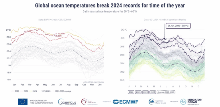 Temperatura média da superfície dos oceanos bate recorde em junho, diz Copernicus