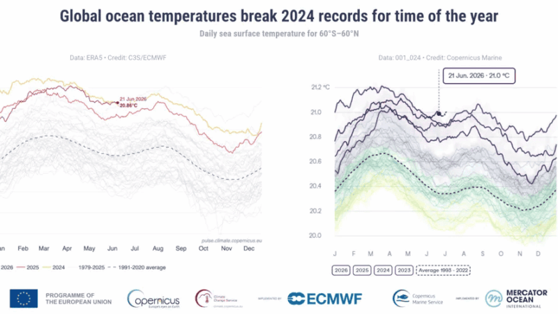 Temperatura média da superfície dos oceanos bate recorde em junho, diz Copernicus