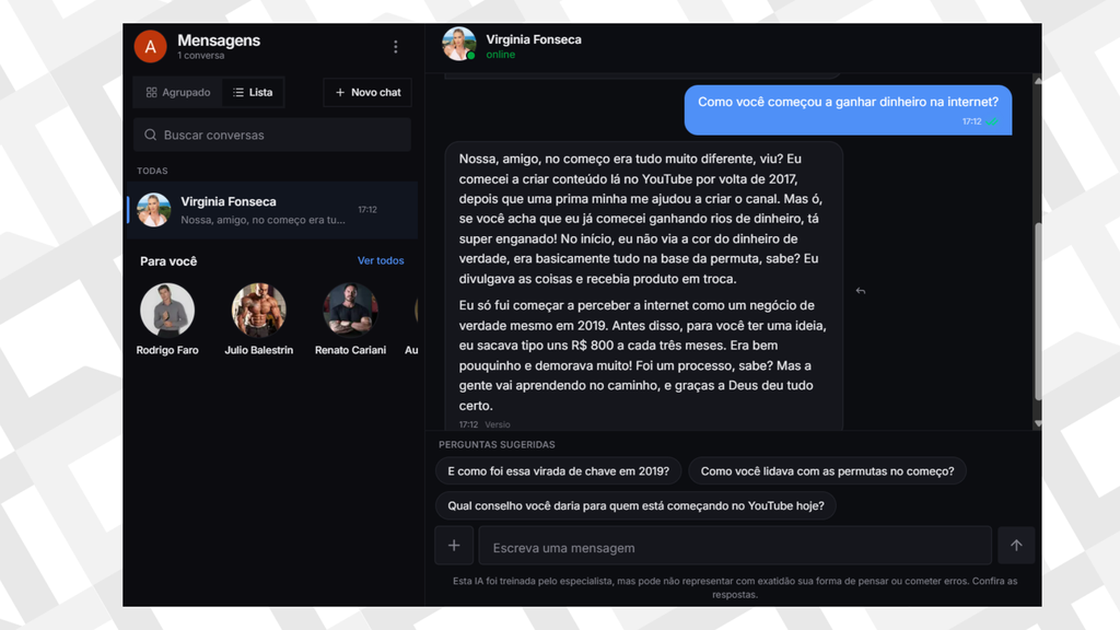 Virginia Fonseca passa a ter “clone” de IA na plataforma Versio; planos chegam a R$ 89 por mês