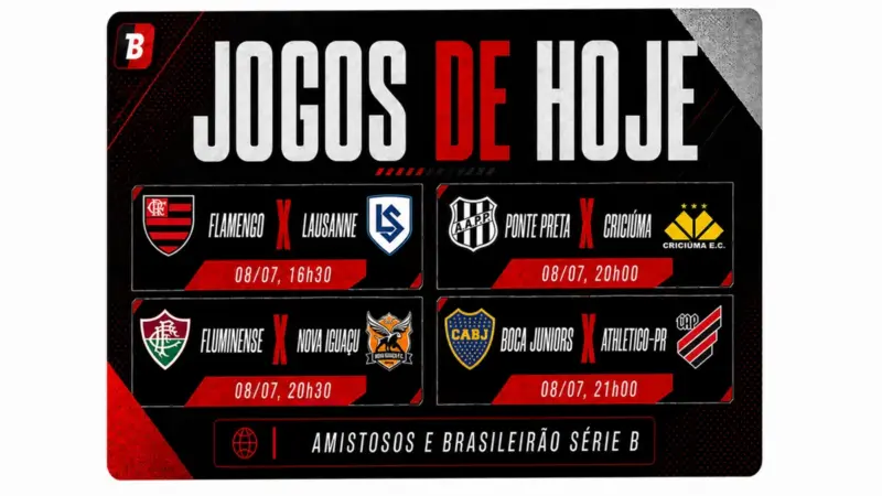 08/07/2026 — Flamengo, Fluminense e Athletico-PR fazem amistosos; transmissão: Globo | Band | SporTV