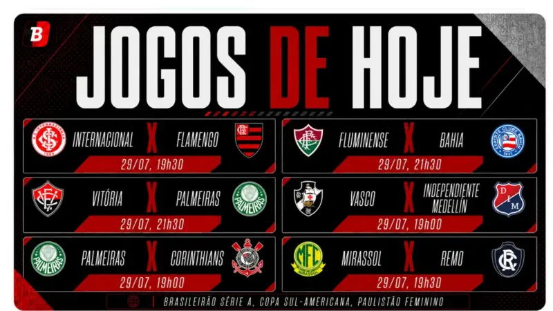 Flamengo, Palmeiras, Vasco e Fluminense jogam nesta quarta-feira (29/07/2026) — 19h30 (Brasília UTC-3)