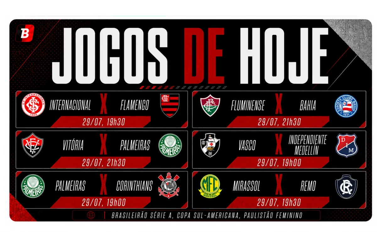 Flamengo, Palmeiras, Vasco e Fluminense jogam nesta quarta-feira (29/07/2026) — 19h30 (Brasília UTC-3)