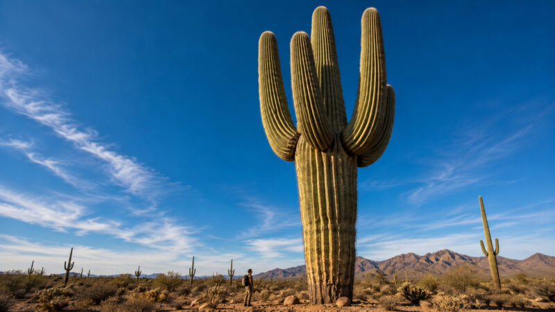 Saguaro, o maior cacto dos EUA, pode ultrapassar 15 m, pesar mais de 2 toneladas e viver mais de 200 anos