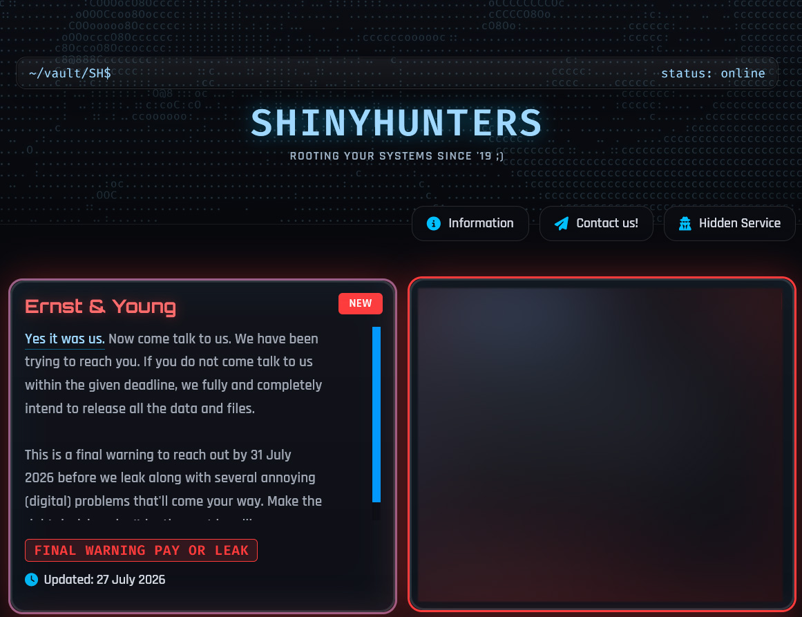 23/04/2026 — ShinyHunters extorque Ernst & Young e ameaça vazar dados sequestrados