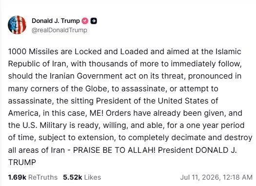 Trump afirma que ordenou preparo de Forças Armadas para atacar o Irã se Teerã tentar assassiná-lo
