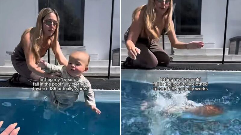Mãe registrou filho de 1 ano caindo em piscina com roupa pesada; vídeo foi prova final de oito semanas de treino contra afogamento