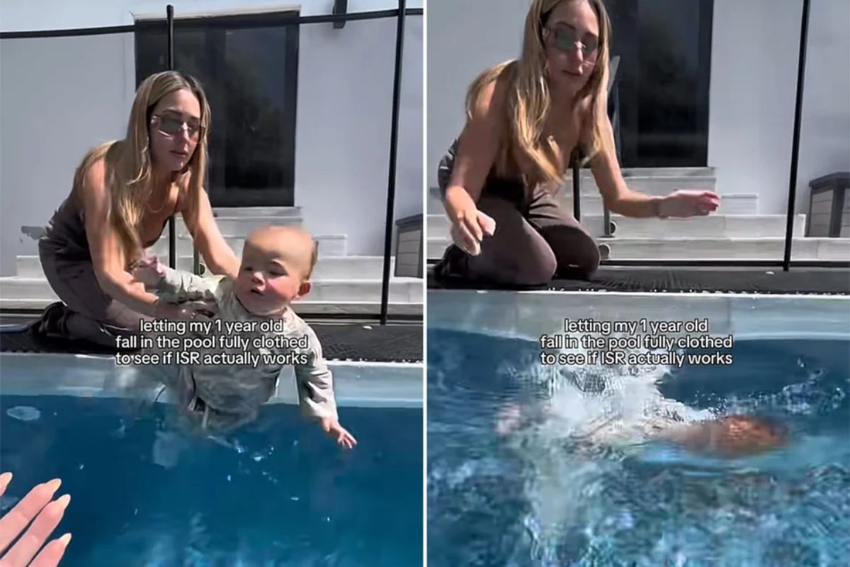 Mãe registrou filho de 1 ano caindo em piscina com roupa pesada; vídeo foi prova final de oito semanas de treino contra afogamento