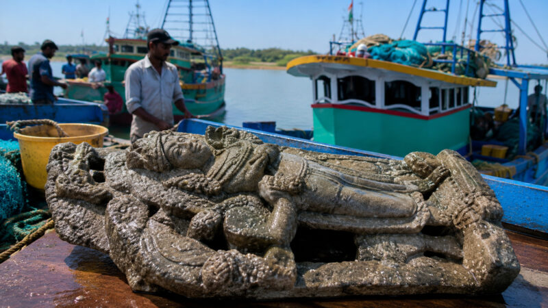 Pescadores encontram escultura de 500 anos ao puxar rede no Golfo de Bengala